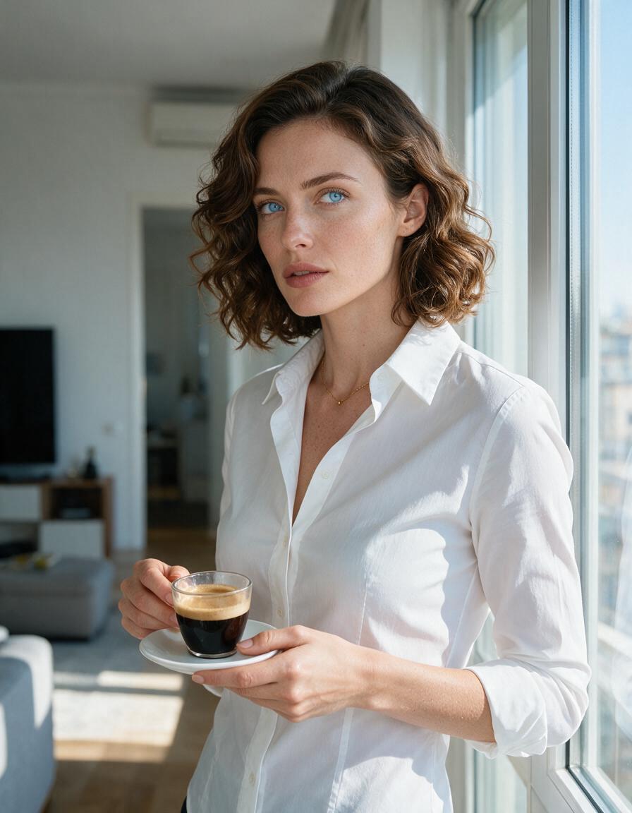 A woman cradles a morning espresso by a bright window, glancing off to one side, composed.