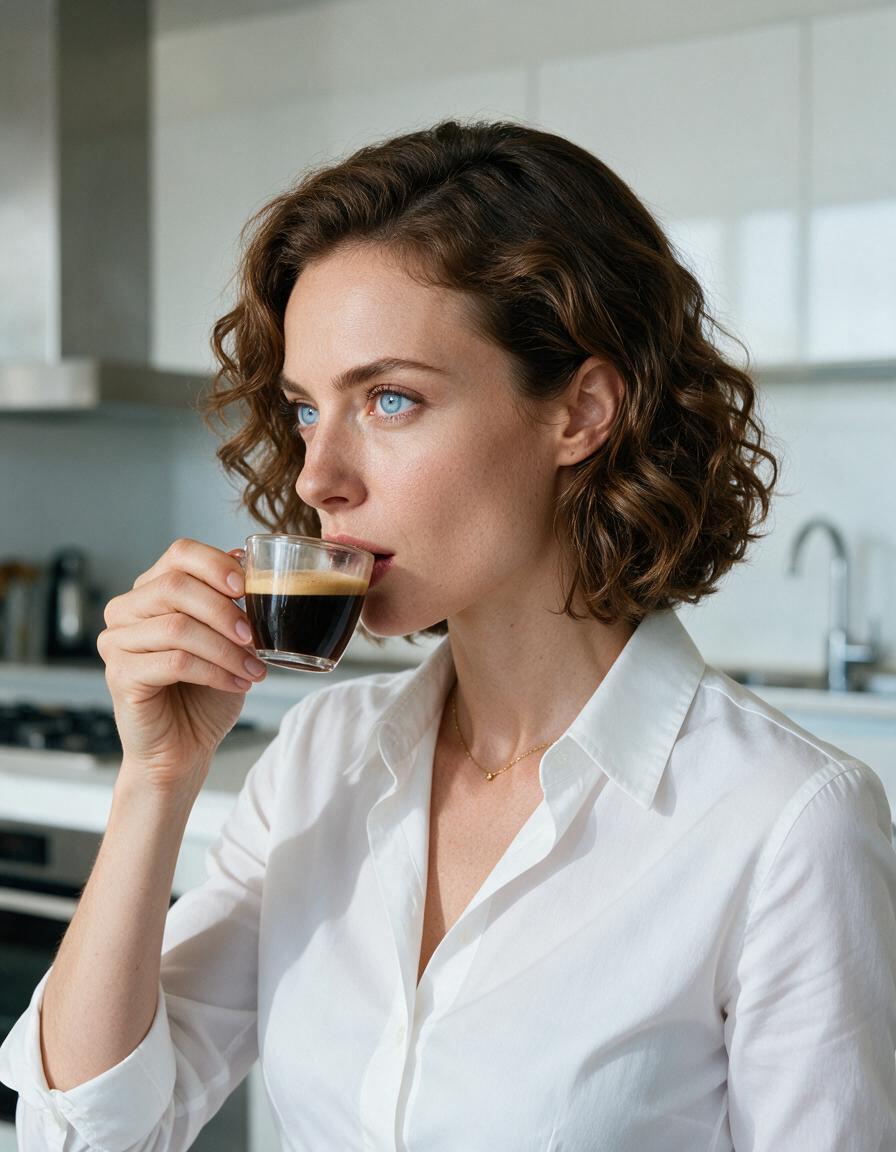 A close candid of a woman pausing an espresso cup at her lips, her gaze drifting past it, composure cracking only in the eyes.