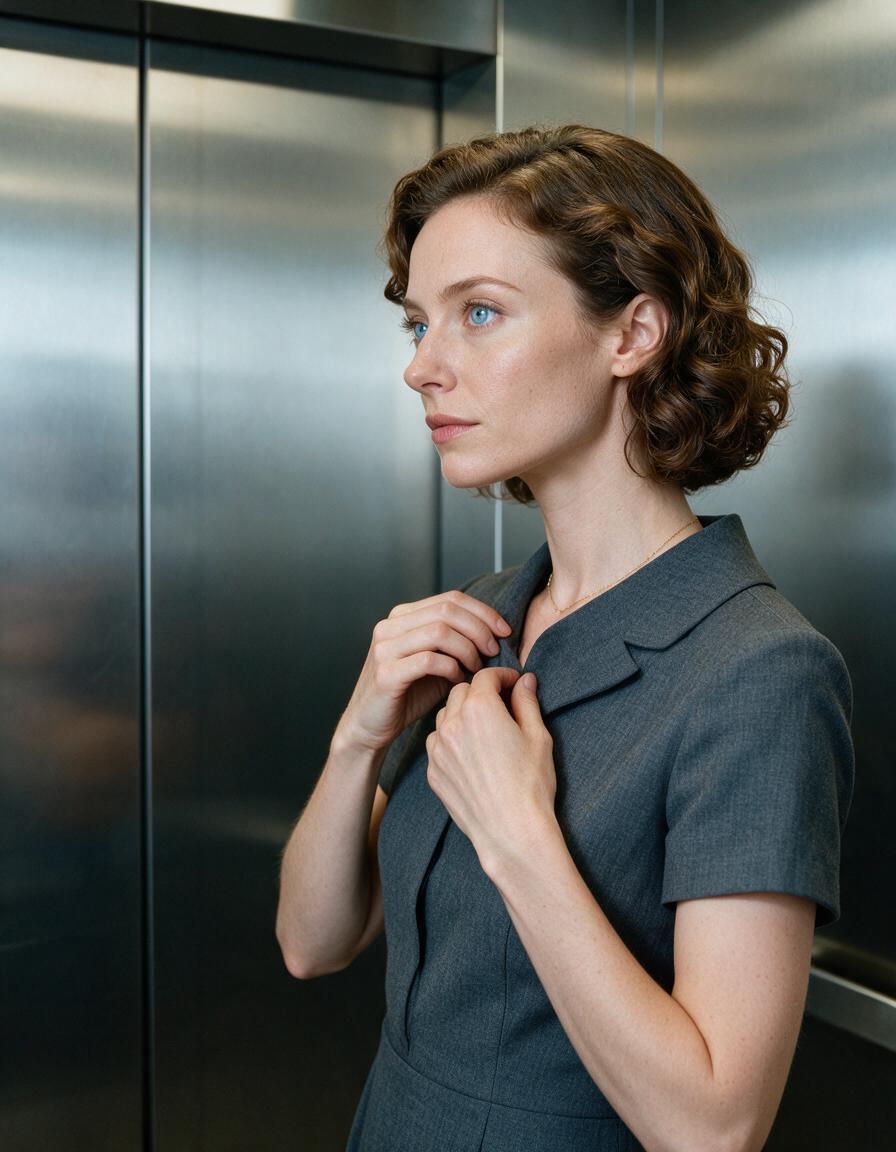 A woman in an office elevator adjusts her collar, looking toward the doors, composed and waiting.