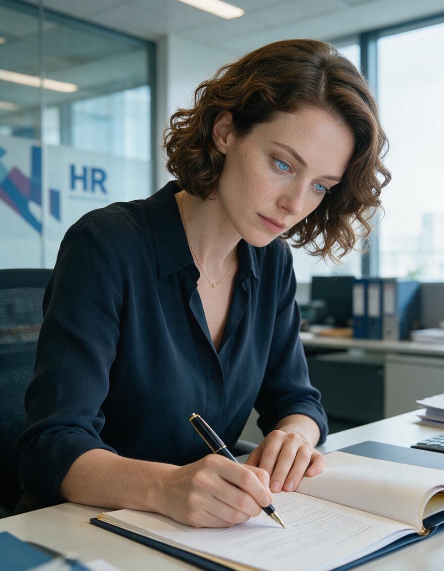 A woman at an ordered office desk bends over an open folder, writing with a fountain pen, fully absorbed.