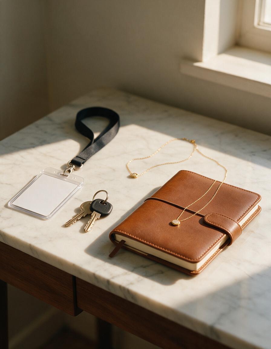 A still life on a marble desk: a blank badge on a lanyard, keys, a leather planner and a thin gold necklace.