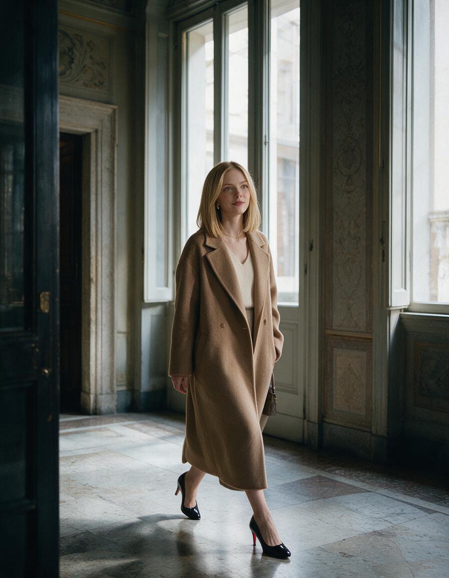 A woman crosses a grand Milan palazzo entrance mid-stride in a camel coat, chin up, owning the room.