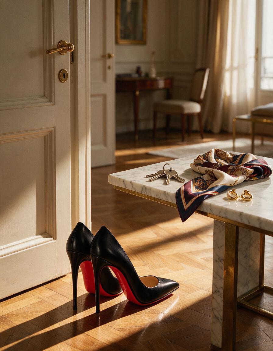 Still life: a pair of black heels by the door of an elegant apartment, keys, a silk scarf and gold earrings on a marble console in warm afternoon light.