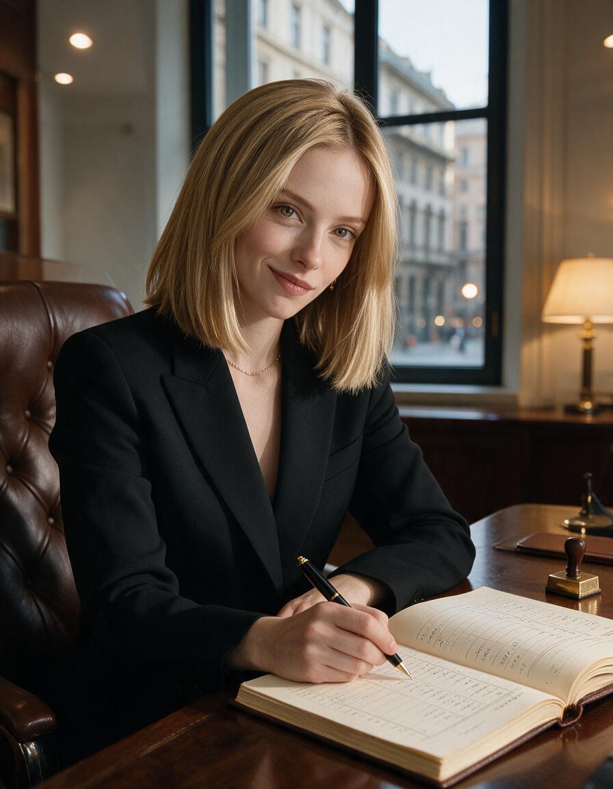 A woman leans back at an office desk with a fountain pen over an open ledger, a wry half-smile, city window behind her.