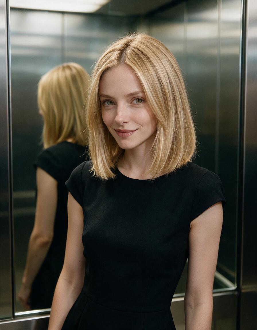 A close portrait of a woman in a lift, a knowing half-smile, her reflection behind her, composed and deliberate.