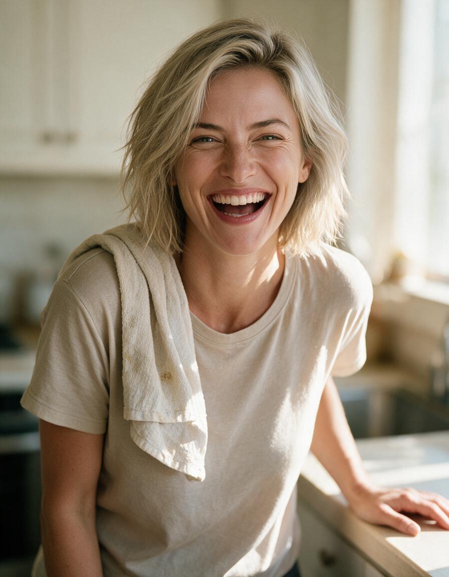A woman laughs hard in a sunny kitchen, a dish towel over her shoulder, caught genuinely off guard.